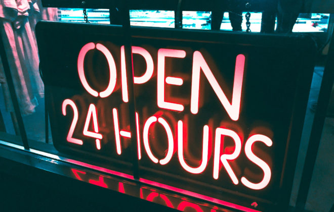 Open 24 hours sign (photo credit Alina Grybnyak)